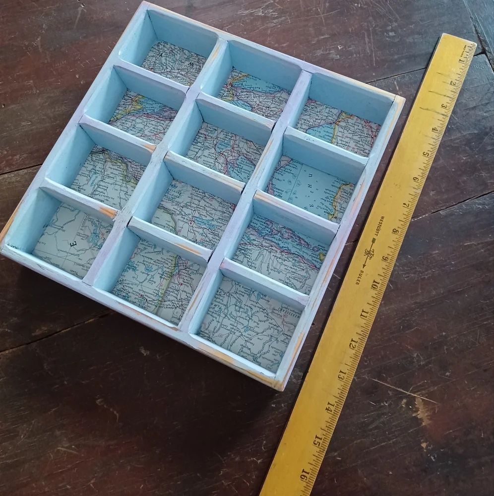 Handmade blue wooden mini wall curio display shelf w/ vintage road maps